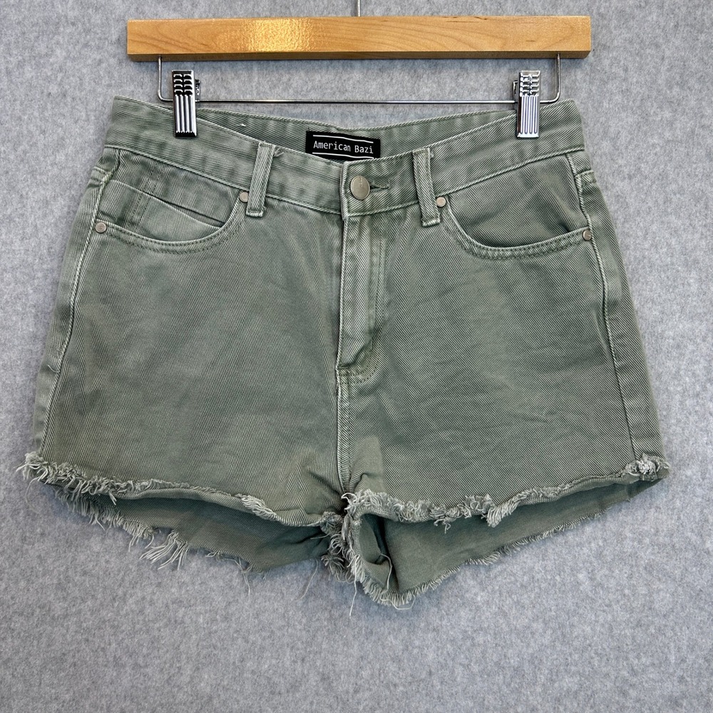 American Bazi Denim Shorts Sage Green Cotton High Waist Frayed Hem Womens Size S